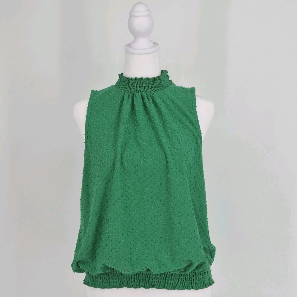 W5 Concepts Green Swiss Dot Sleeveless Top Blouse Smocked High Neck Women's XL